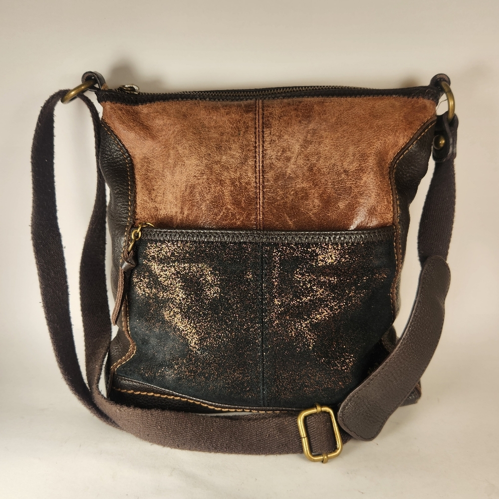 THE SAK Iris Crossbody Bag Brown Leather Metallic Zipper Close Pockets Boho - Picture 2 of 13